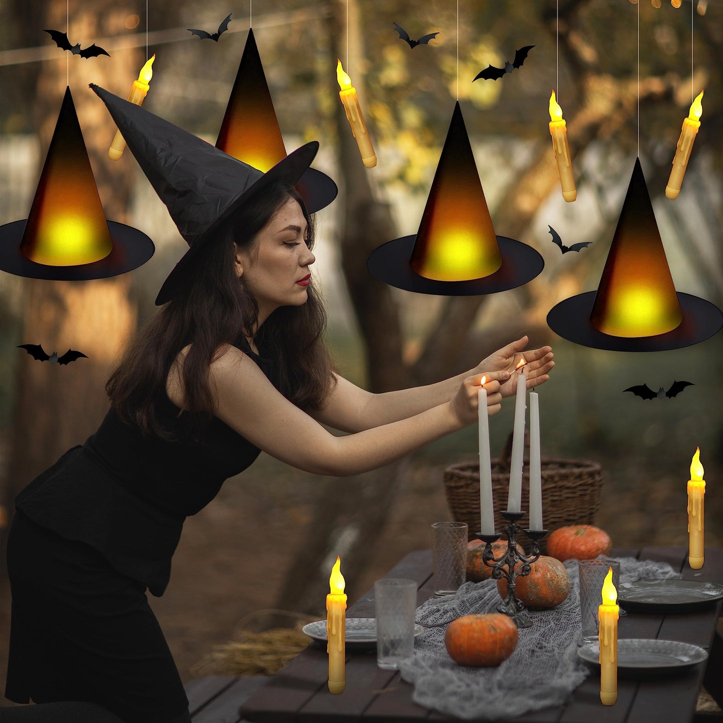 Black Halloween Witch Hat with Light Floating Light Up Witch Hats with Flameless Taper Candles (with Common Remote) 3D Bats Wall Stickers Decorations Witch Costume Accessory for Halloween Party