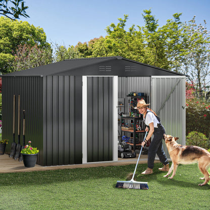 DWVO 10x8FT Outdoor Storage Shed, Spacious Metal Tool Shed with Lockable Doors & Ventilation for Patio, Lawn, and Backyard, Ideal for Storing Garden Equipment, Lawnmowers, and Bicycles, Dark Gray