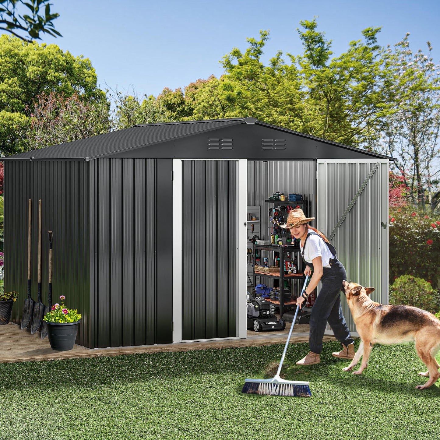 DWVO 10x8ft Outdoor Storage Shed, Large Metal Tool Sheds, Heavy Duty Storage House with Lockable Doors & Air Vent for Backyard Patio Lawn to Store Bikes, Tools, Lawnmowers, Dark Gray
