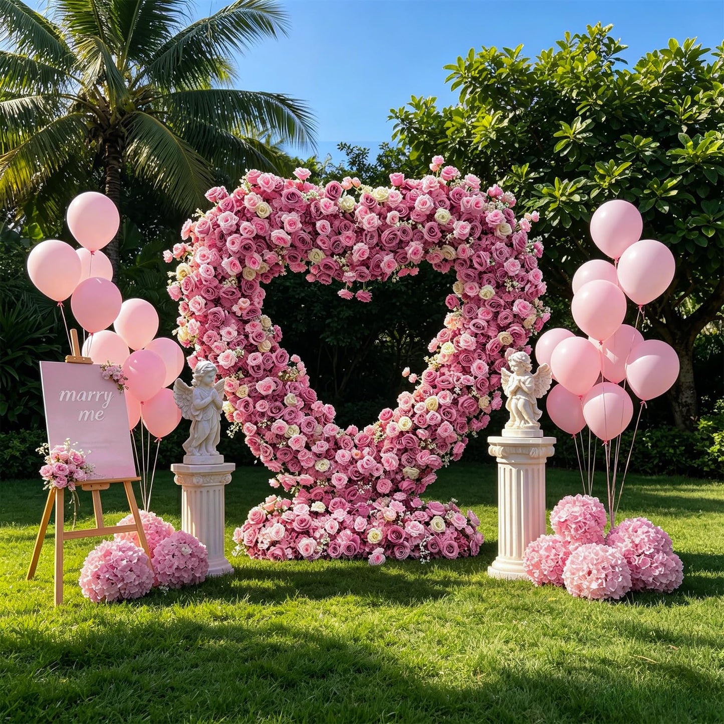 6.56x6.56ft Heart-Shaped Artificial Flower Arch Backdrop with Fabric Base, Floral Decor for Wedding Arch, Ideal for Birthday Banquets & Outdoor Party Scene Decoration (Pink, Arch Frame Not Included)