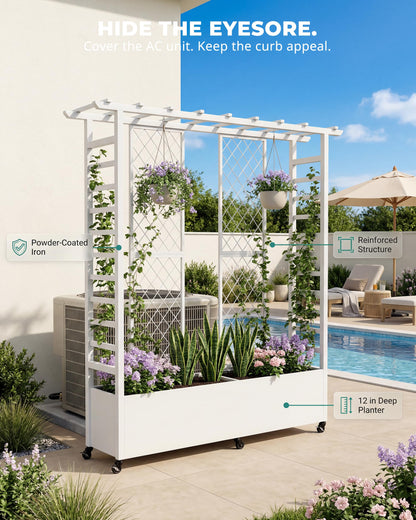 TinFrey Metal Raised Garden Bed with Trellis, 77" Double Planter Box with Pergola Top & Diamond Lattice, 6 Wheels (4 Lockable), Outdoor Trellis Planter for Climbing Plants Vines Flowers, White