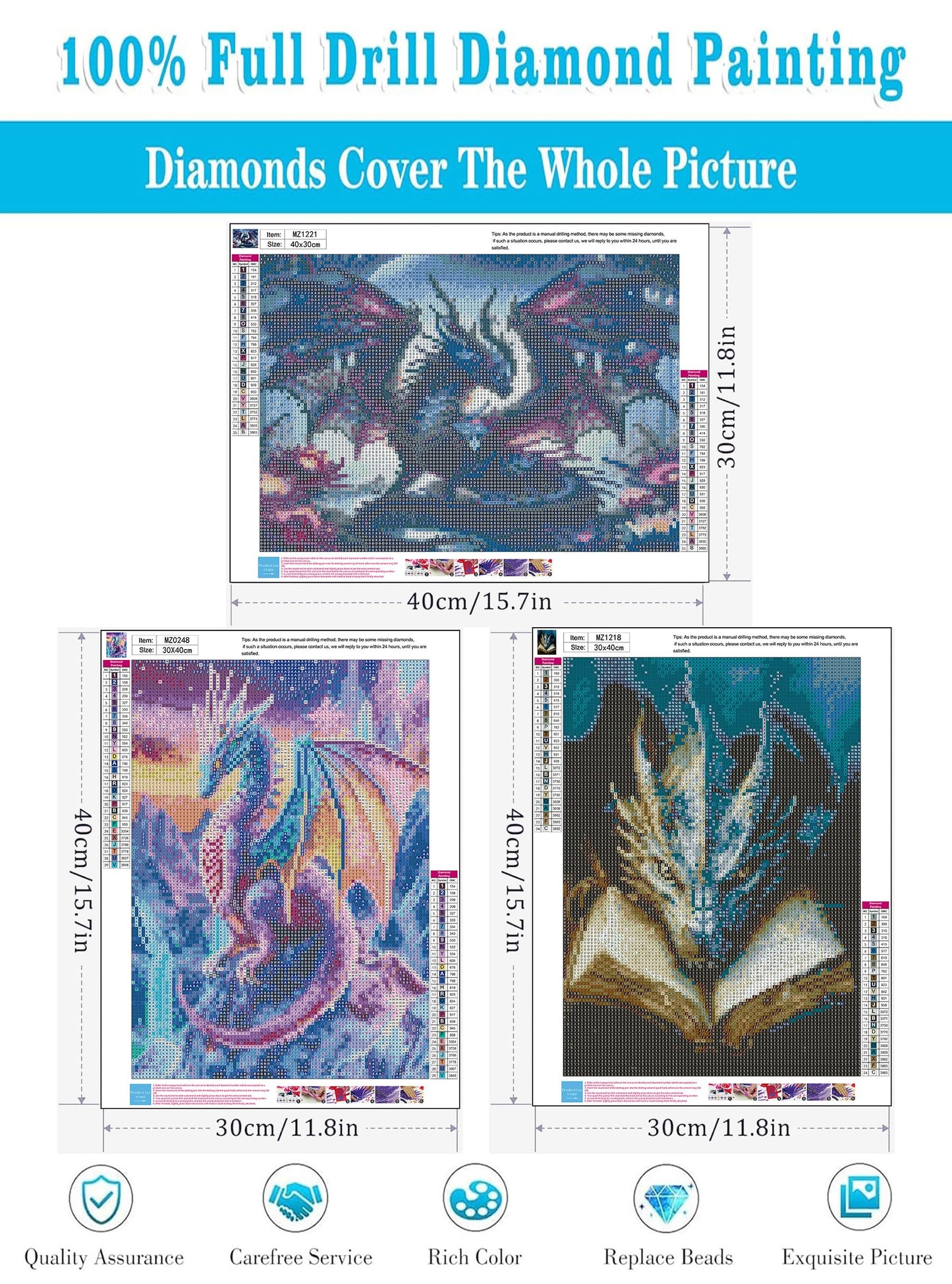 Meothan 3 Pack Diamond Art Kits for Adults, Dragon Diamond Painting Kits for Adults, 5D DIY Round Drill Gem Art Paint with Diamonds Dots Crafts Kits for Home Decor Gift 12x16inch