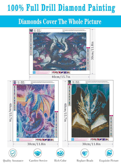 Meothan 3 Pack Diamond Art Kits for Adults, Dragon Diamond Painting Kits for Adults, 5D DIY Round Drill Gem Art Paint with Diamonds Dots Crafts Kits for Home Decor Gift 12x16inch