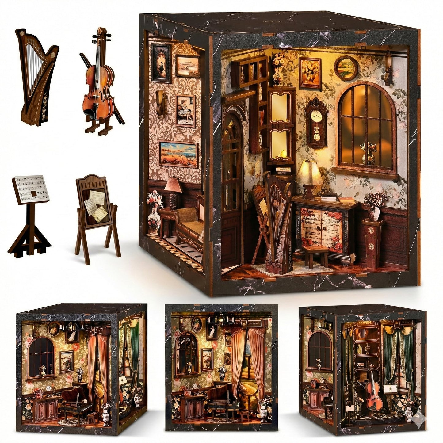 Book Nook Kit for Adults,360° View DIY Miniature Dollhouse Kit with LED, Classical Music Room 3D Wooden Puzzle Bookshelf Insert Decor, Creative Hobby Gift for Teens and Men