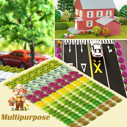 Potanro 126pcs Static Grass Tufts and Miniature Flowers Cluster for Crafts,Diorama Grass Base Supplies,Model Grass Scene Accessories for Train Railroad Scenery Sand Military Terrain Model