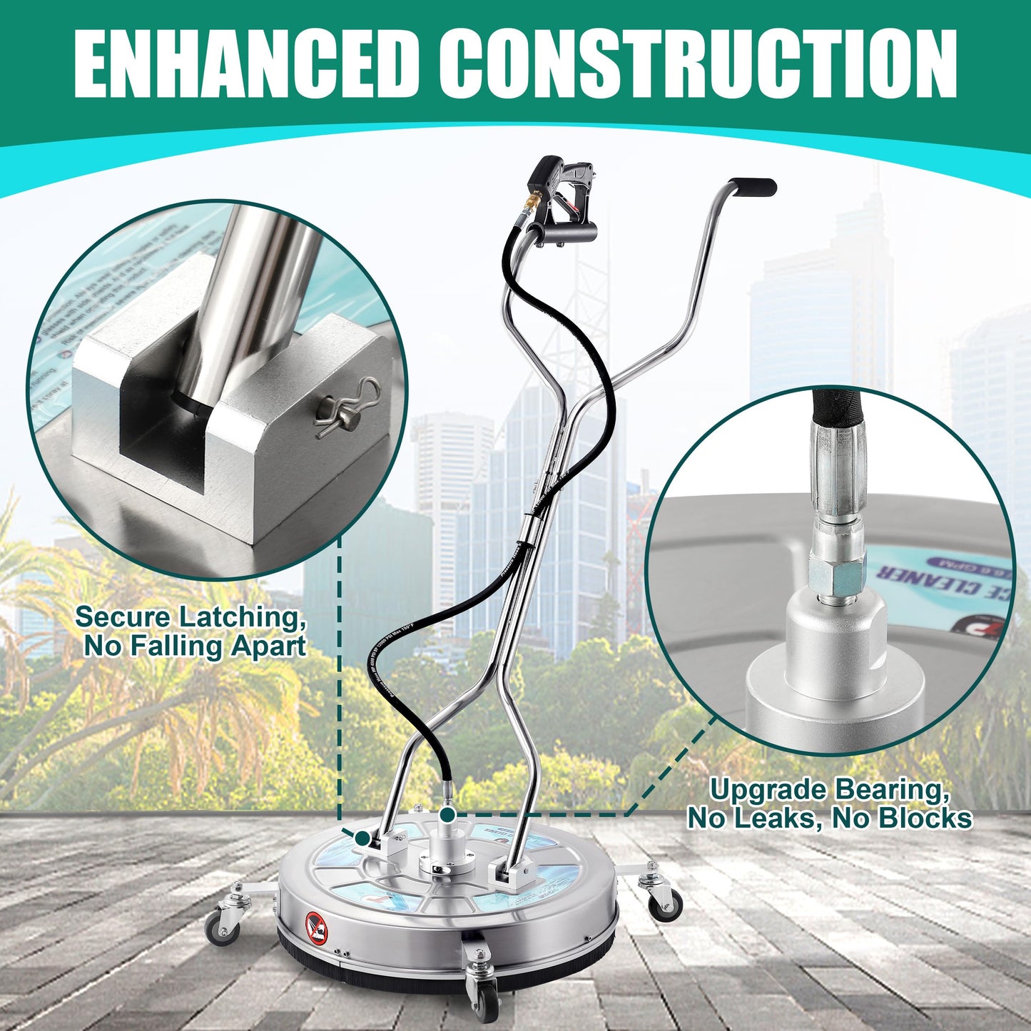 Tool Daily 24" Pressure Washer Surface Cleaner Attachment with Dual Handles, Stainless Steel Driveway Cleaner for Power Washer with Wheels, Pressure Wash Concrete, 4500 PSI