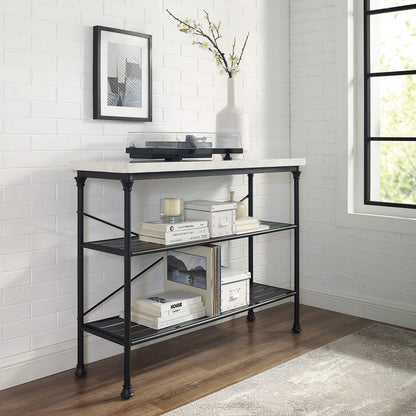 Crosley Furniture Madeleine Sofa Console Table with Storage Shelves for Hall, Entryway, or Living Room, Steel with Faux Marble Top