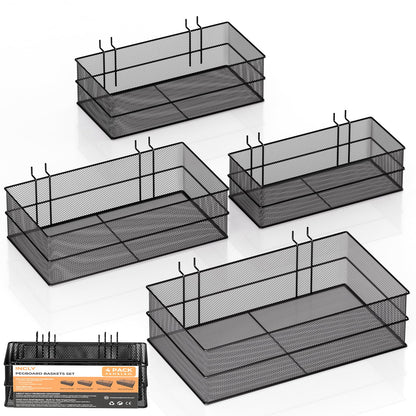 INCLY 4 Pack Upgrade Pegboard Baskets, 4 Sizes Square Style Metal Mesh Pegboard Baskets and Bins, Peg Board Organizer Accessories for Garage Craft Room Office Kitchen