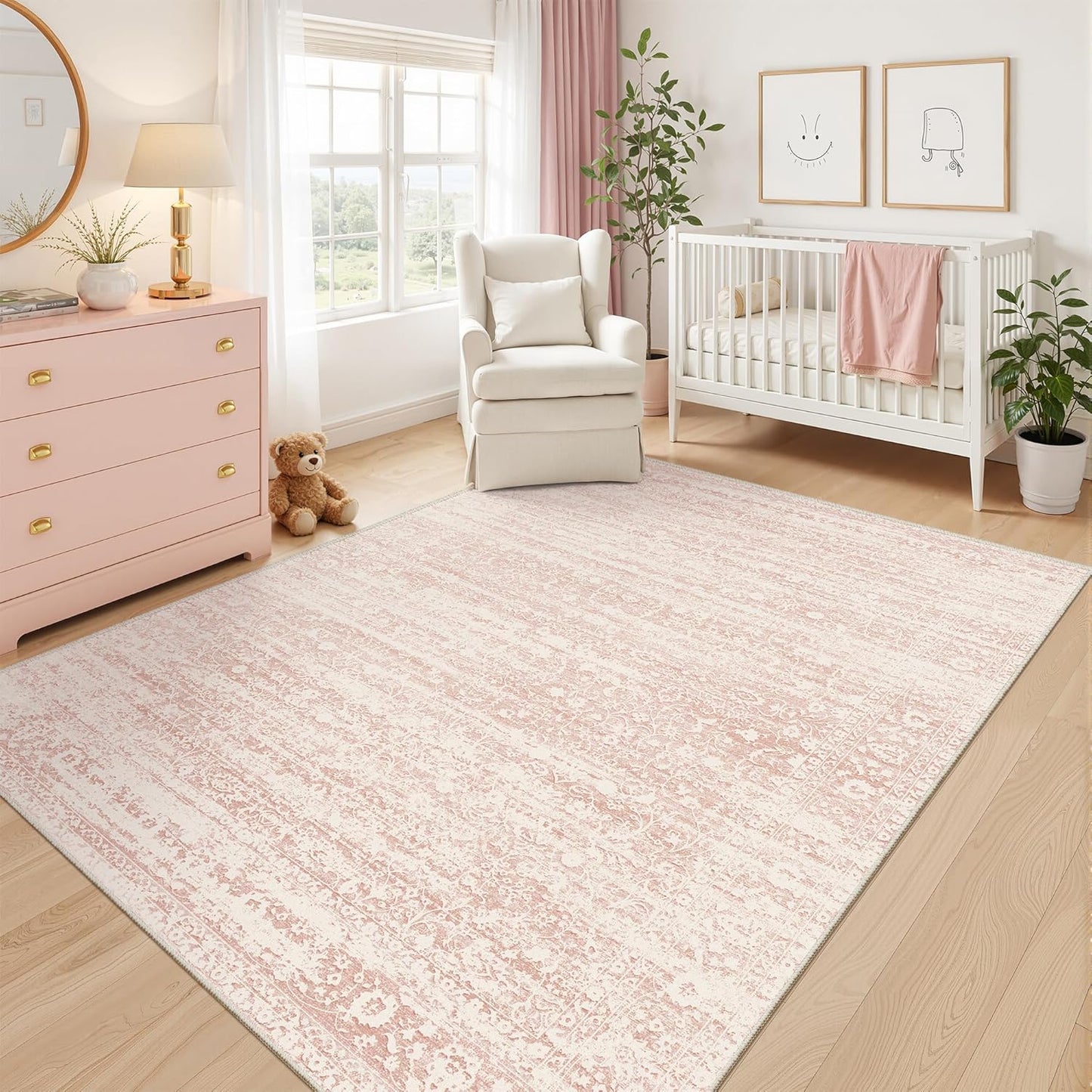 5x7 5'x7') Soalmost Pink Area Rugs for Baby Girl Nursery, Washable Rugs Vintage Floral Non-Slip Low Pile Soft Throw