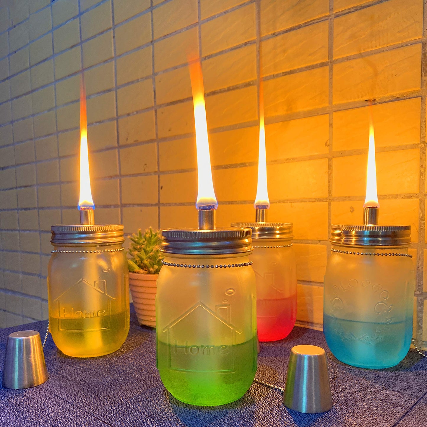 Yitee Mason Jar Tabletop Torch Kits,4 Pack Longlife Fiberglass Wicks,Stainless Steel Mason Jar Lids Caps Included,Outdoor Deck Oil Lamp Torch,Patio Xmas Decor