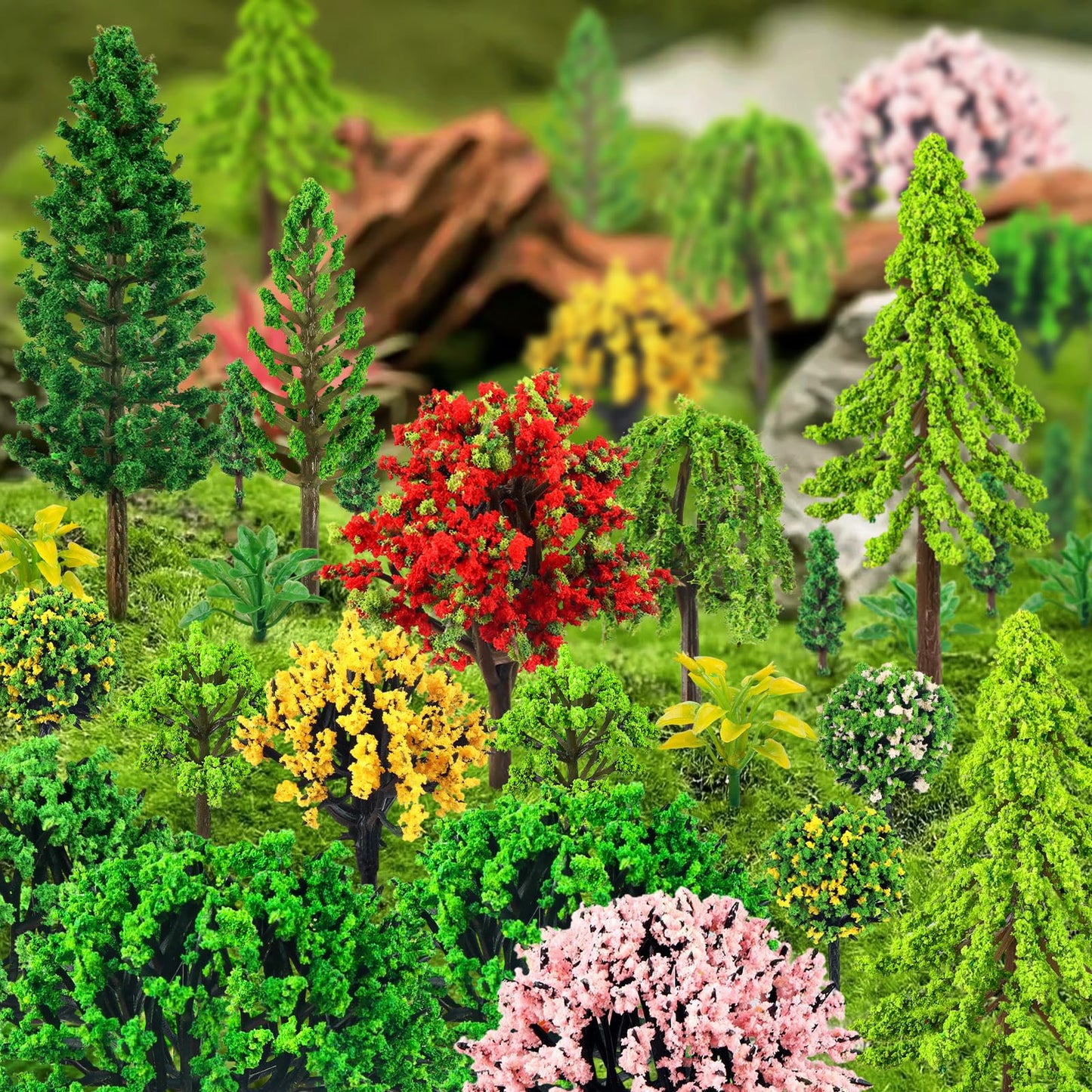 QUOZUO 38PCS Mini Model Miniature Trees, Mixed Model Colourful Trees Building Train Scenery Architecture Fake Trees for DIY Crafts, Building Model, Scenery Landscape