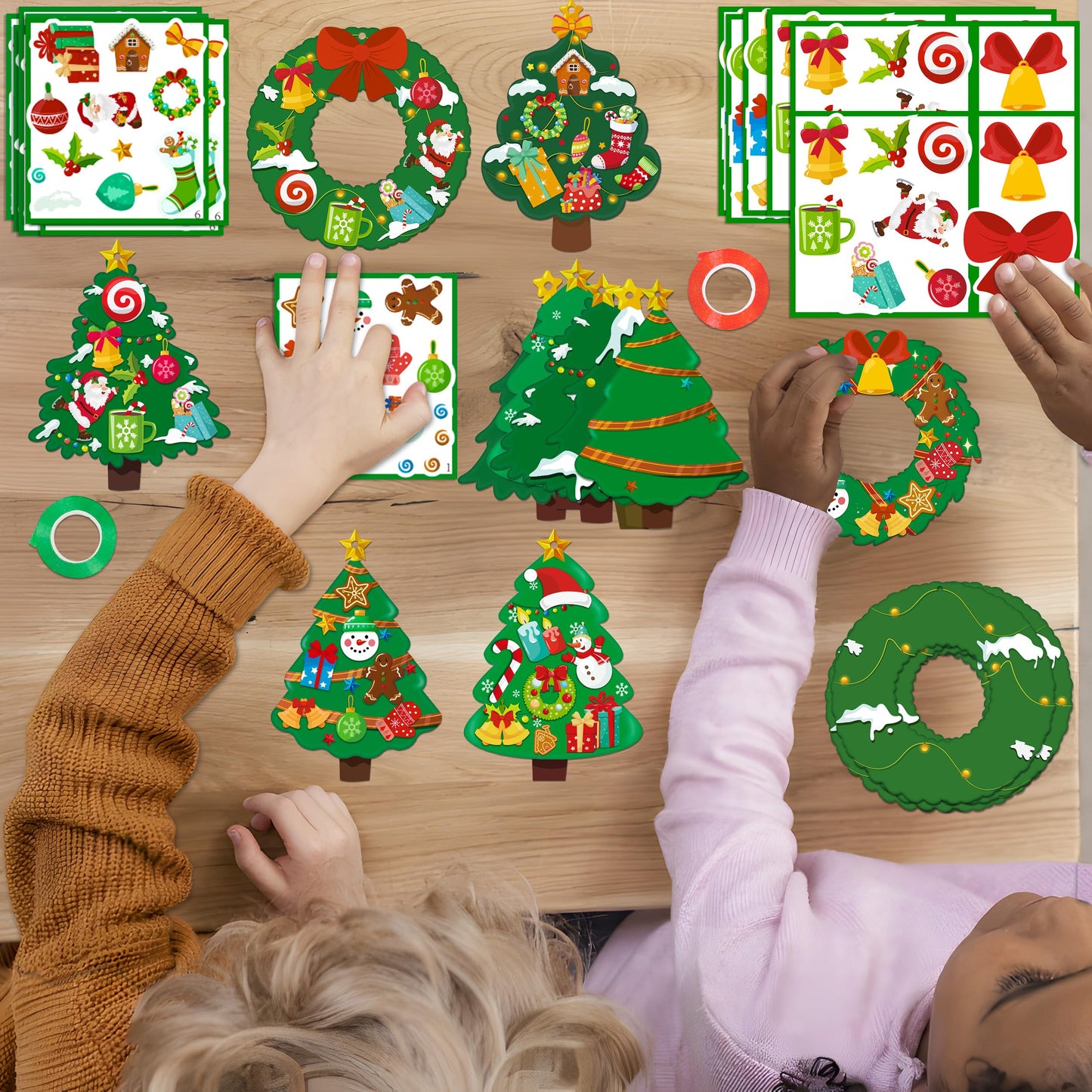 80UncleKimby 60pcs Christmas Crafts for Kids - DIY Xmas Tree Wreath Ornaments with Sticker Kits - Set for Holiday Decorations, Party Favors, and Classroom Activities