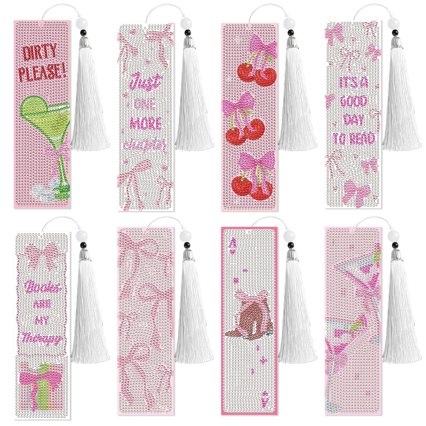 8 Pcs Bow Diamond Art Bookmarks Kit with Tassels, Cute Pink Diamond Painting Bookmarks for Women Book Lovers, DIY Bookmark Making Kit for Adults Beginners Aesthetic Crafts