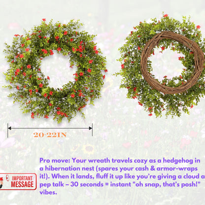 Zhemobang 20" Boxwood Wreath for Front Door – Lush Greenery Wreath with Red Flowers, Artificial Spring & Summer, Farmhouse Decor for Home, Outdoor & Indoor Use