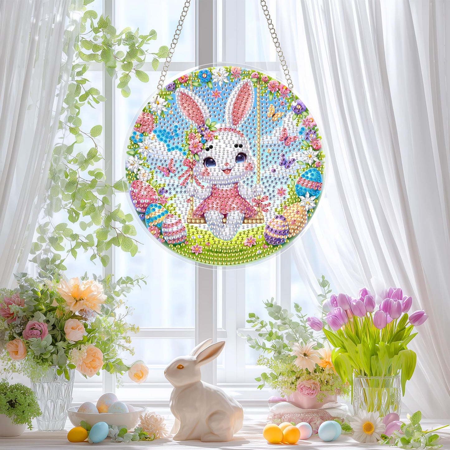 Eiflow Glass Diamond Art Kit Hanging Ornament, DIY Stained Glass Diamonds Painting Hanging Board Kit, Crystal Diamond Art Painting Easter Pendant Full Drill (Swing Bunny)