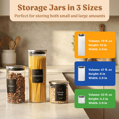 EDELHAUS Glass Storage Containers with Stainless Steel Lids [Extra Thick Glas] with 54 Labels - Canister For Pantry Noodles Flour Cereal Rice Sugar Tea Coffee Beans - Round Set of 5x