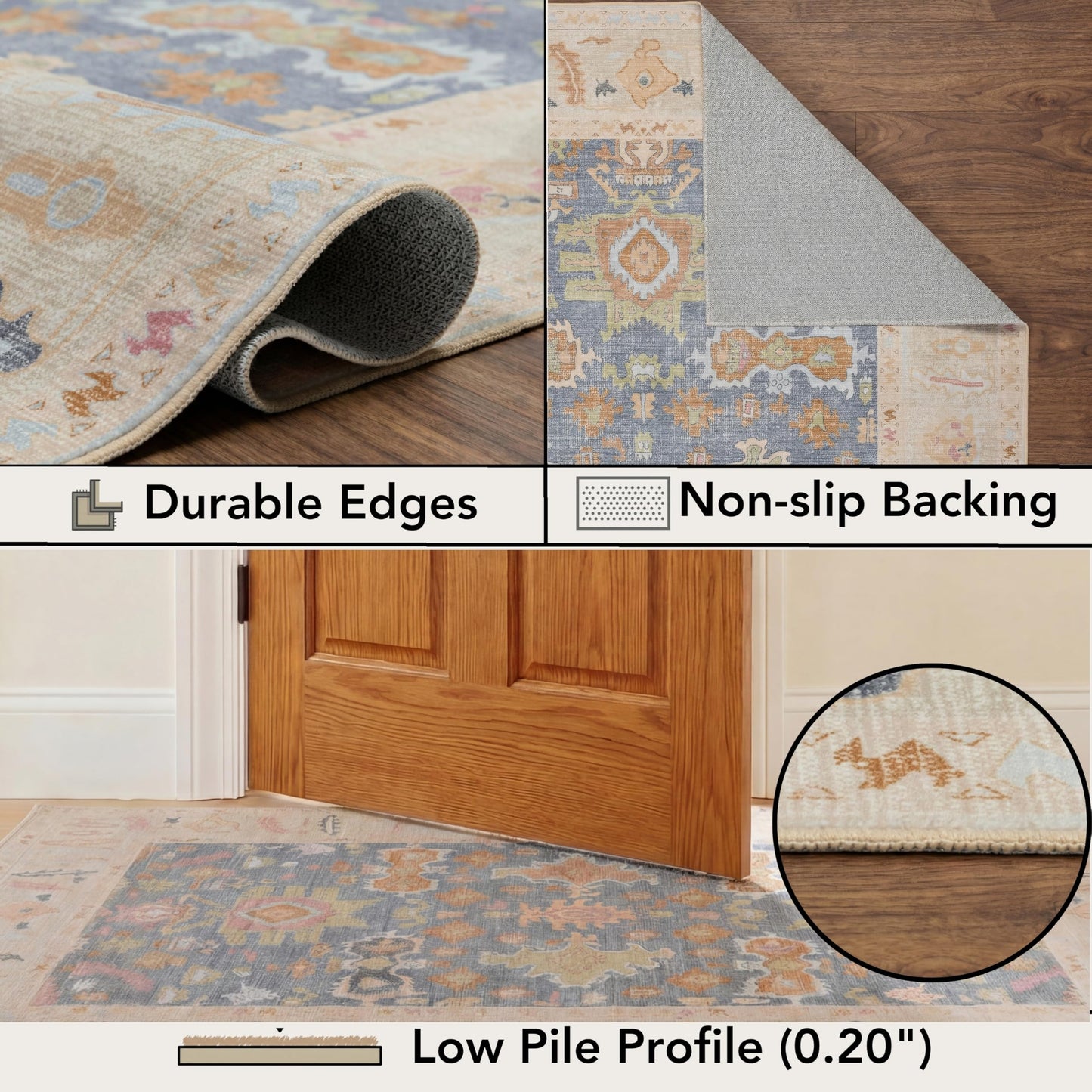 Kuden 10x14 Large Area Rug, Machine Washable Area Rug with Non-Slip Backing, Vintage Style, Soft, Easy Clean, Low Pile Rug for Living Room, Bedroom, Dining Room
