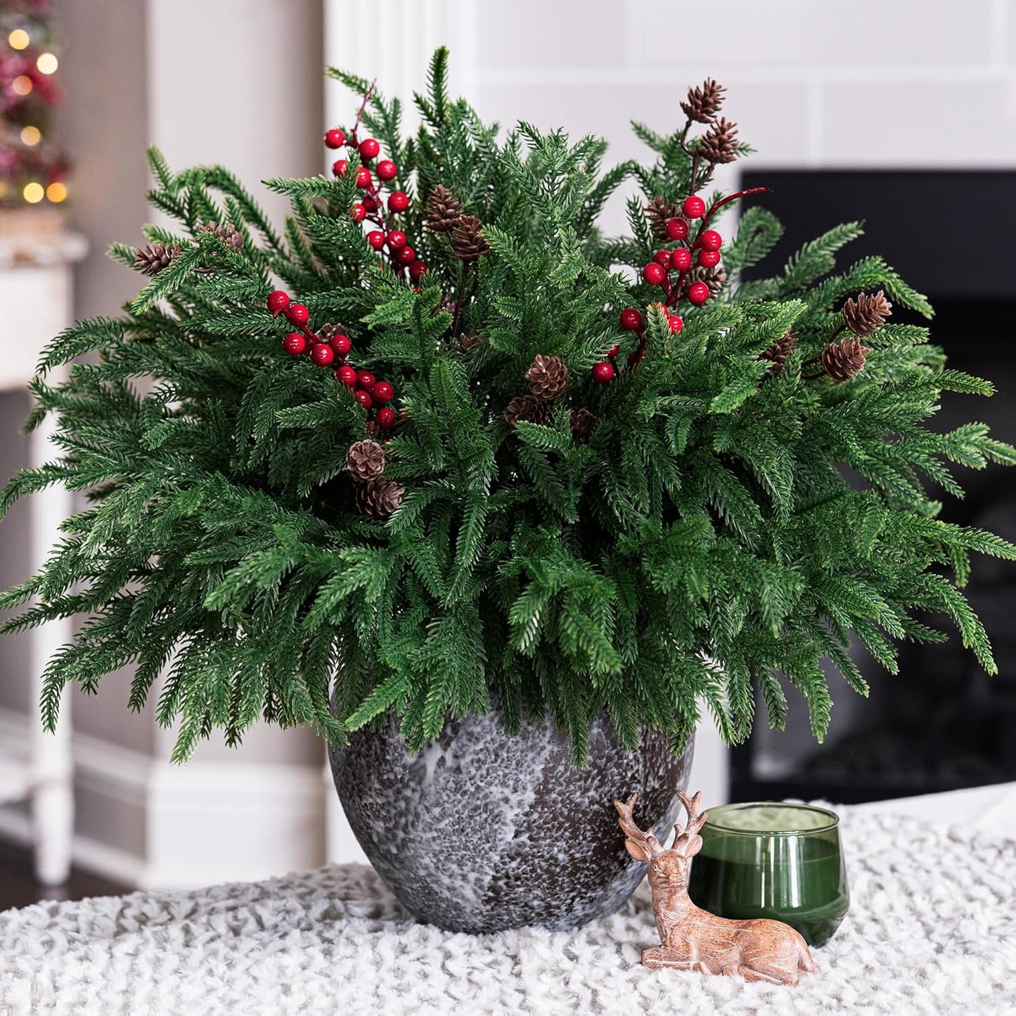 17 Branches,19 Inch HyeFlora PCS Christmas Norfolk Pine Stems with Small Pinecones and Red Berries Real Touch