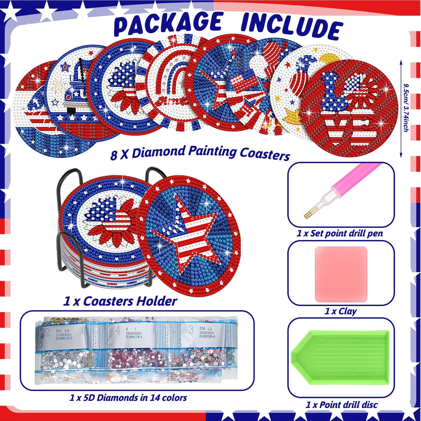 Shellwei 8 Pcs 4th of July Patriotic Diamond Painting Coasters Memorial Day USA Star Diamond Art Coasters with Holder 250th Anniversary Painting Kits Independence Day Decors for Adults DIY Craft Gift