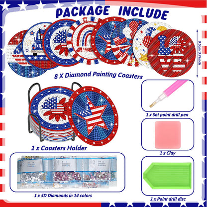 Shellwei 8 Pcs 4th of July Patriotic Diamond Painting Coasters Memorial Day USA Star Diamond Art Coasters with Holder 250th Anniversary Painting Kits Independence Day Decors for Adults DIY Craft Gift