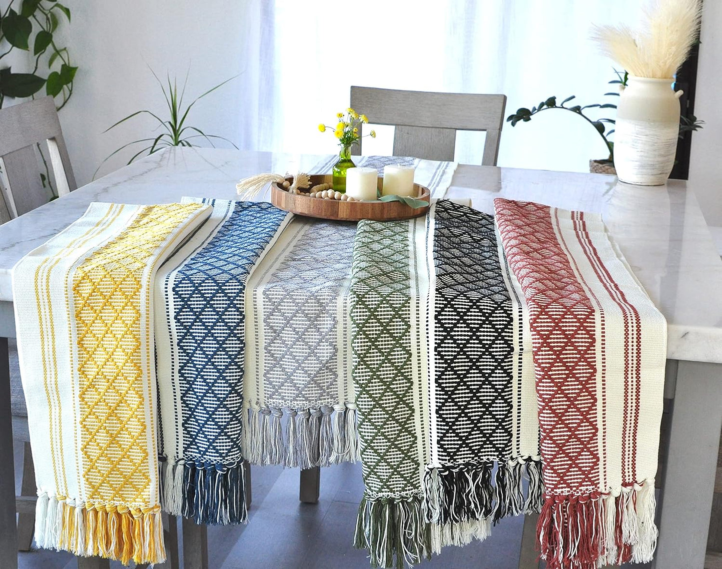 14 90 Inches, Boho Dining Table Runner with Tassels x Olive Green & Cream | Woven Washable Dresser Scarf for Bedroom |