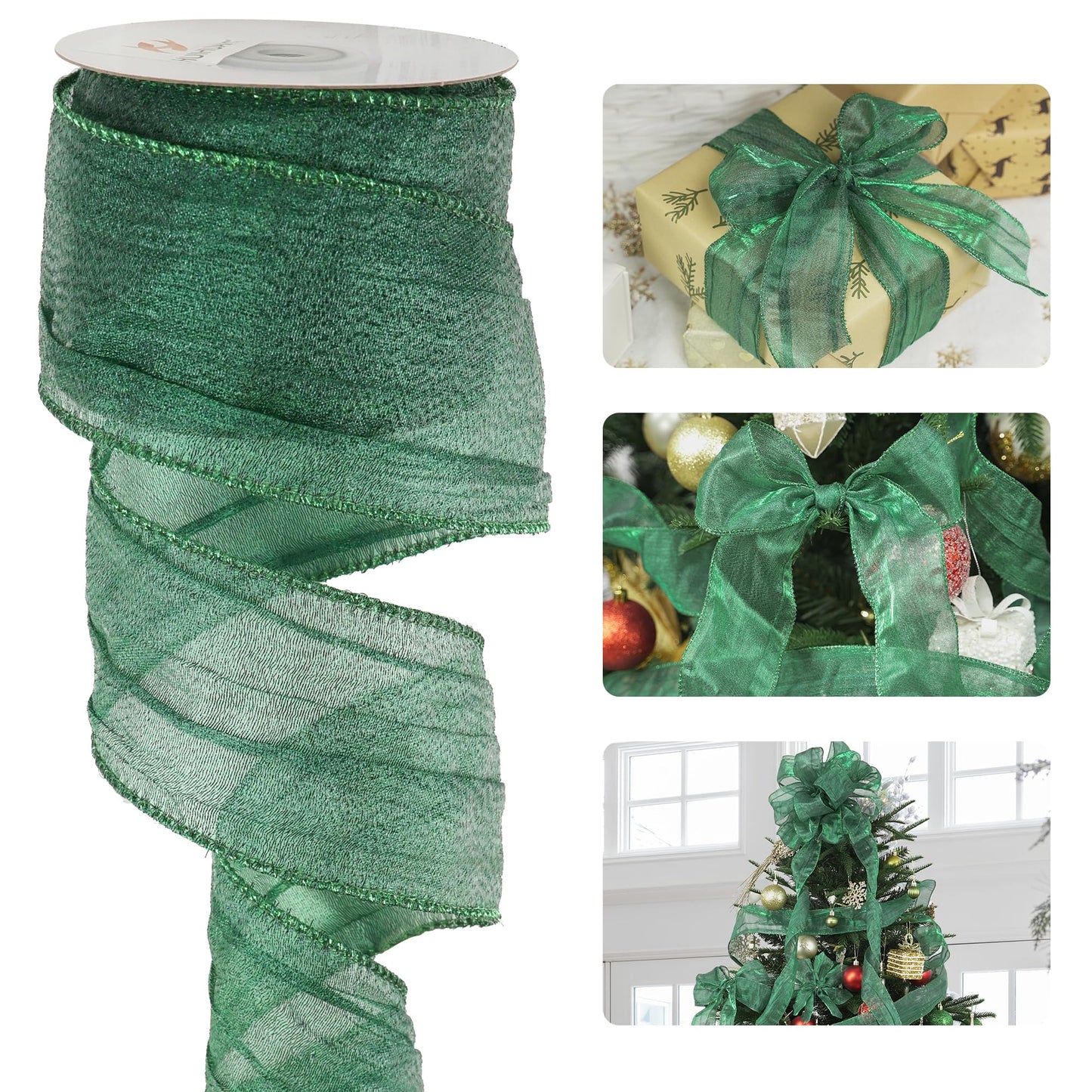 HUIHUANG Dark Green Wired Ribbon 2.5 inch Metallic Crinkle Green Wire Ribbon for Christmas Tree, Bows Making, Wreath Making Supplies, Gift Wrapping, Holiday Home Decor, DIY Crafts -10 Yards
