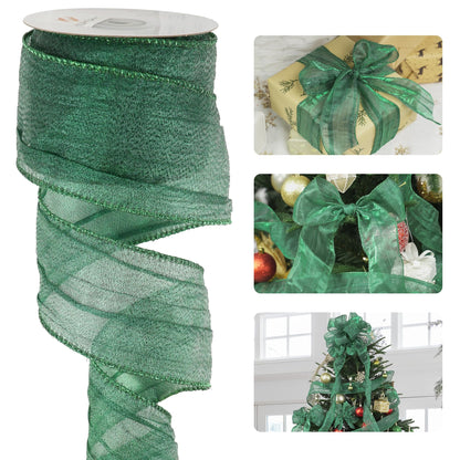 HUIHUANG Dark Green Wired Ribbon 2.5 inch Metallic Crinkle Green Wire Ribbon for Christmas Tree, Bows Making, Wreath Making Supplies, Gift Wrapping, Holiday Home Decor, DIY Crafts -10 Yards