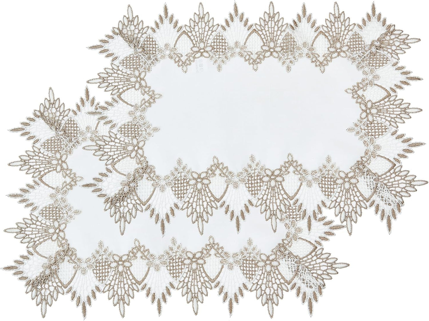 14x20 Set 2, (Set 2, White Linen Placemats of Neutral Earth Tones Beige Lace Coffee Table Topper Dresser Scarf Place