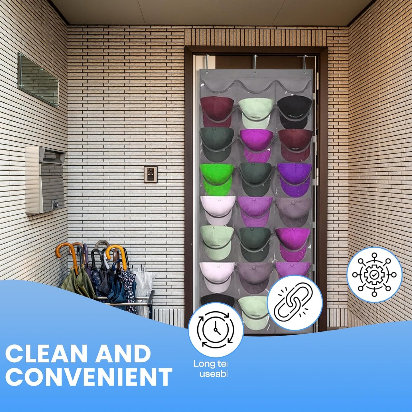 Premium Hat Rack Organizer for Wall or Door, 24 Clear Deep Pockets for Caps, Hooks Included