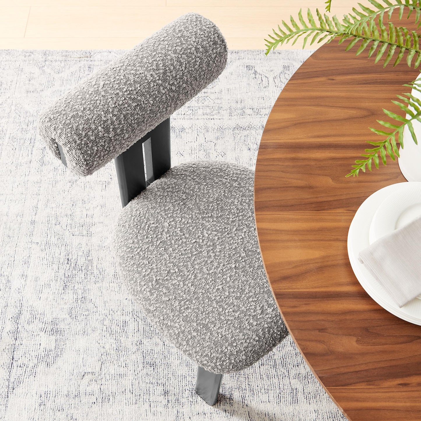 Modway Torian Upholstered Boucle Dining Chairs Set of 2 in Wenge Taupe - 3-Legged Farmhouse Kitchen Chairs - Mid-Century Modern Armless Accent Chairs - Comfortable Side Chairs with Wood Legs