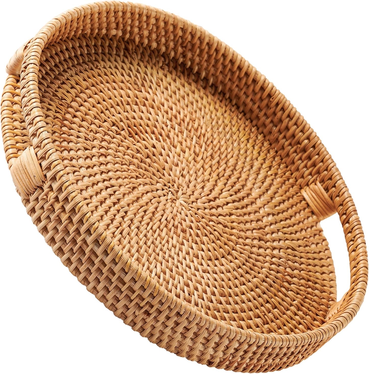 14 Counter JUNGLE CULTURE Handcrafted Round Wicker Tray Large Decorative Rattan Serving Basket for Coffee Table