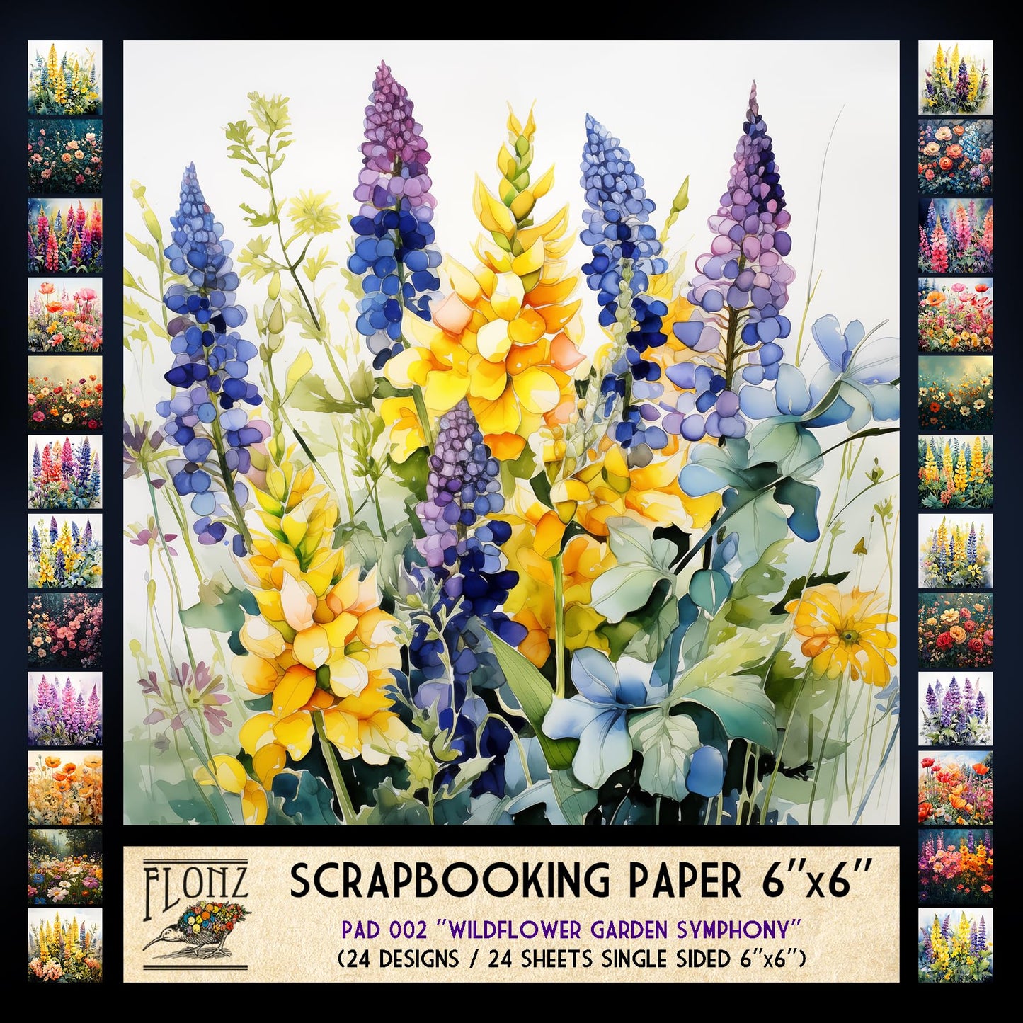 FLONZ Scrapbook Paper (24 sheets 6"x6") Wildflower Garden Symphony ~ A radiant collection of digitally painted wild blooms in expressive painterly style with glowing light soft textured brushwork