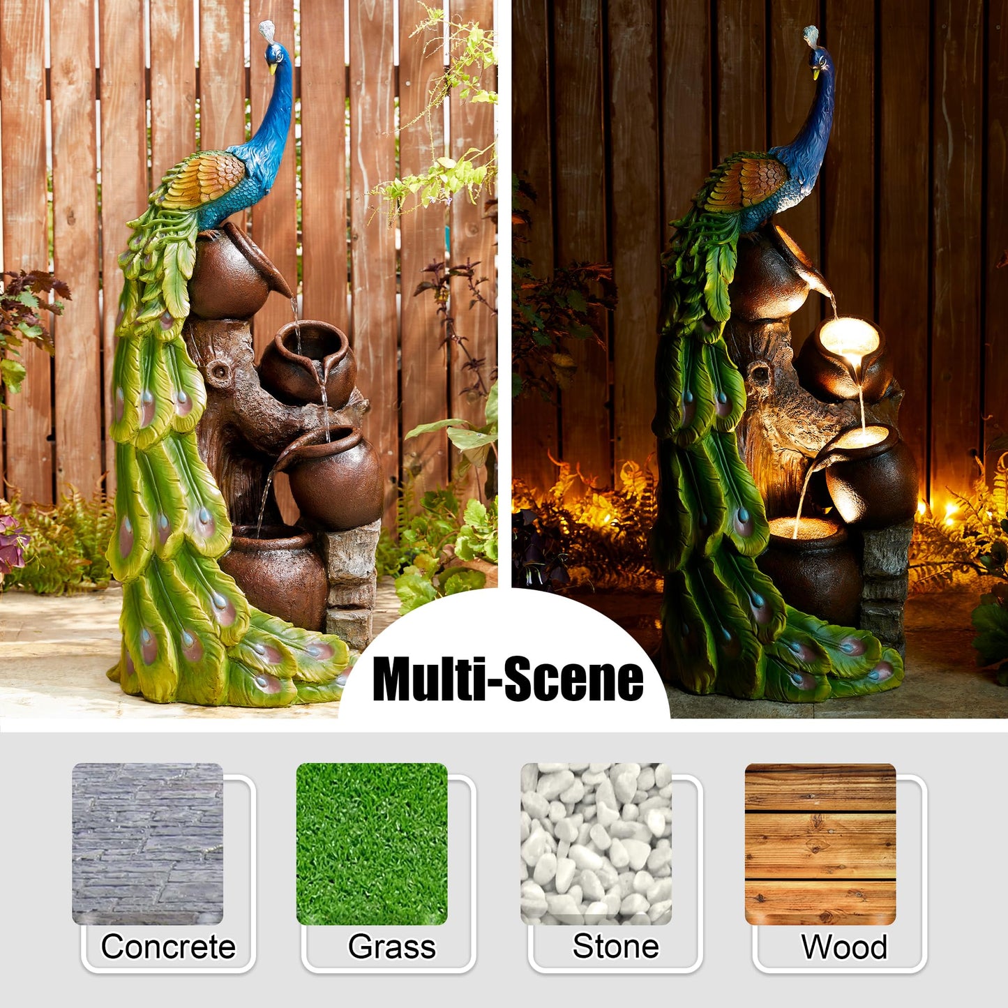 Glitzhome Oversized 4-Tiered Peacock and Jars Polyresin Outdoor Floor Fountain with Pump and LED Light, 40" H