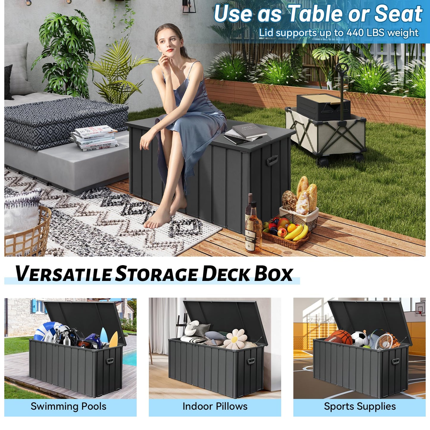 SHPAI 190 Gallon Metal Deck Box, Waterproof Steel Outdoor Box, Large Patio Furniture Storage Cabinet, Lockable Storage Bench for Porch Package Delivery, Pillows, Cushions, Pool, Tools, Backyard, Grey