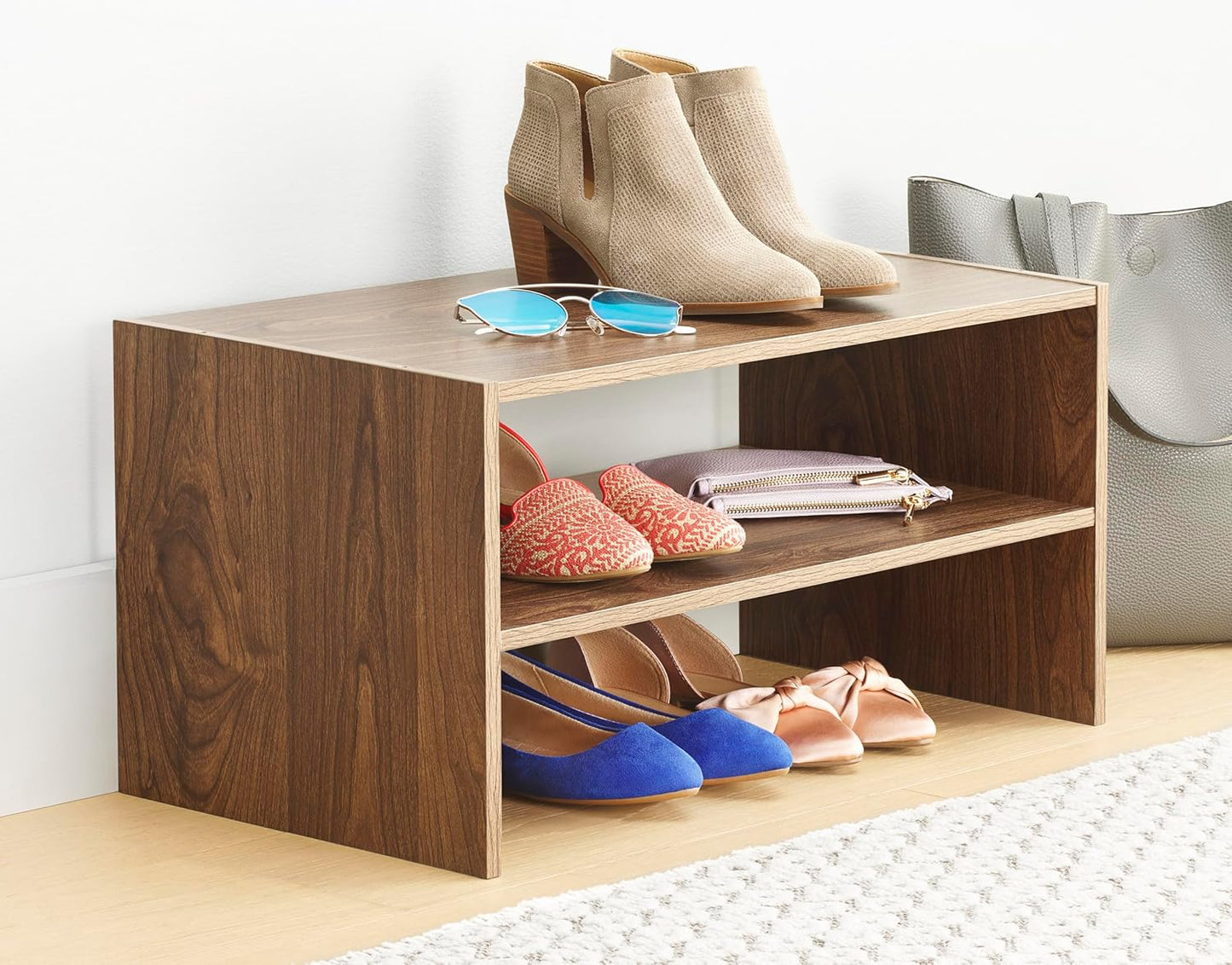 2-Shelf 24 inches Whitmor Wood Stackable Shoe Rack, Walnut