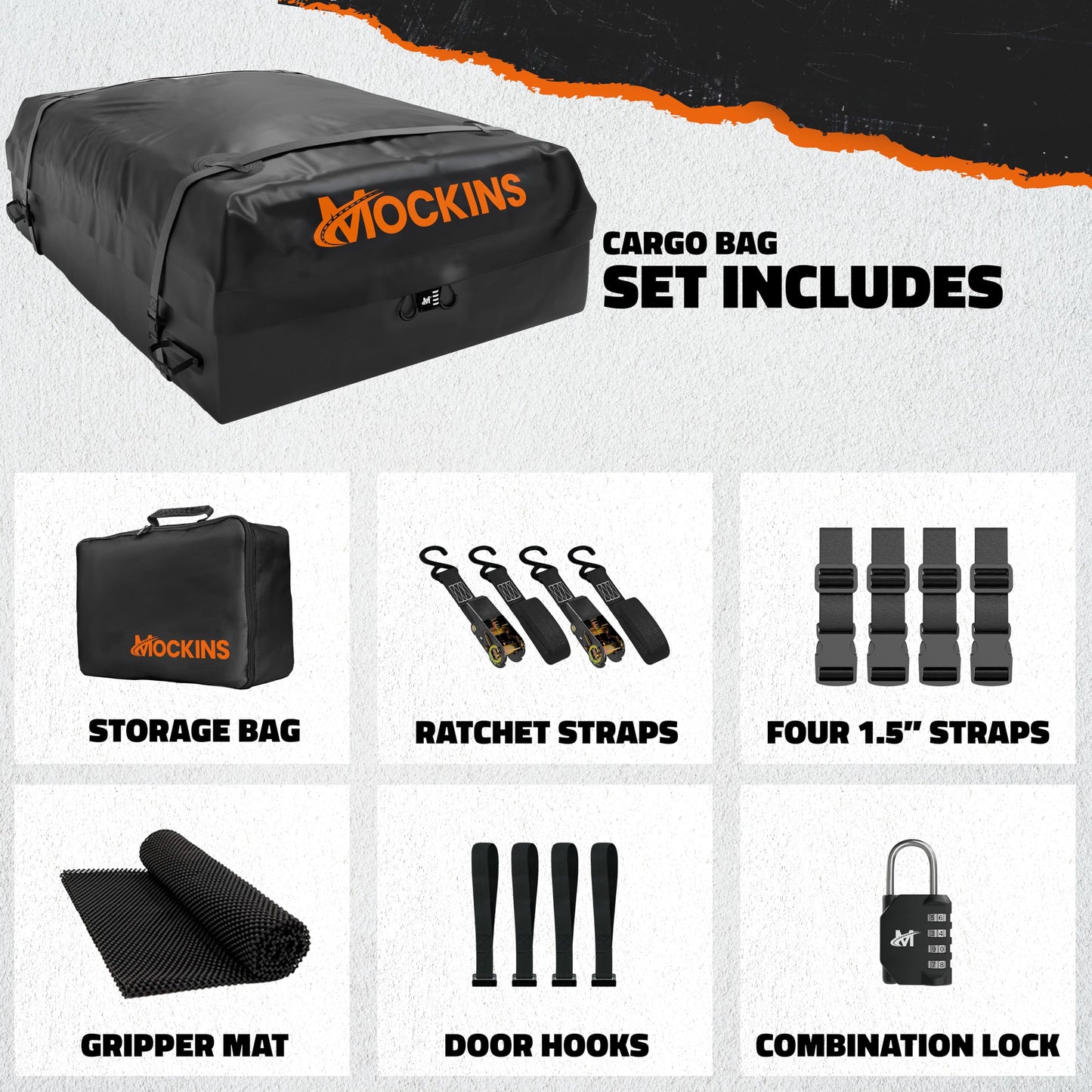 Mockins 25 Cu.Ft. Heavy Duty Car Roof Bag 60"x43"x17" | Works with or Without Roof Rack | Great for Road Trip Vacations, Camping Adventures & More | Set Includes Roof Mat, Lock, Hooks & Straps