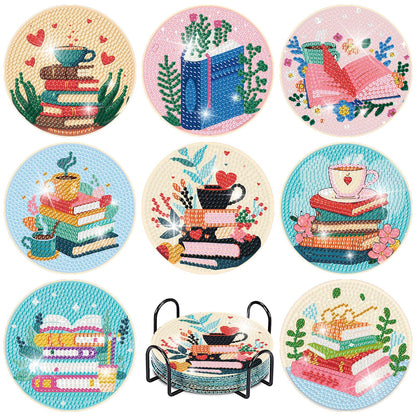8 Pcs Book Diamond Art Coasters Kit for Adults, Book Lovers Wooden Coffee Diamond Painting Coasters with Holder, 5D Gem Art Dots Painting Coaster with Cork Pads - Crafts Supplies for Home Decor