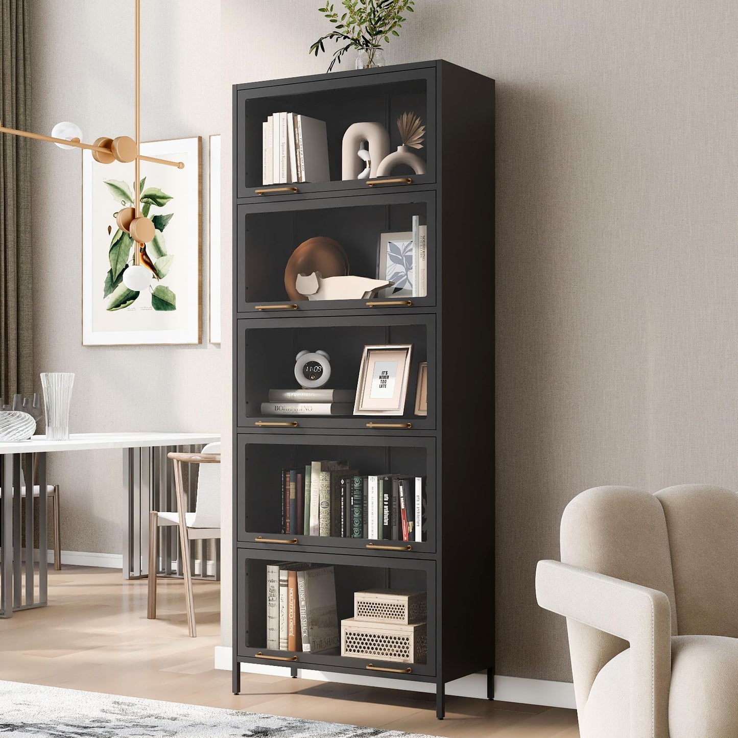 Merax 76.75'' Black Steel 5 Shelf Bookcase with Dustproof Glass Doors, Tall Iron Collection Books Display Cabinet with LED Lights, Modern Curio Bookshelf for Living Room, Home Office, Studio
