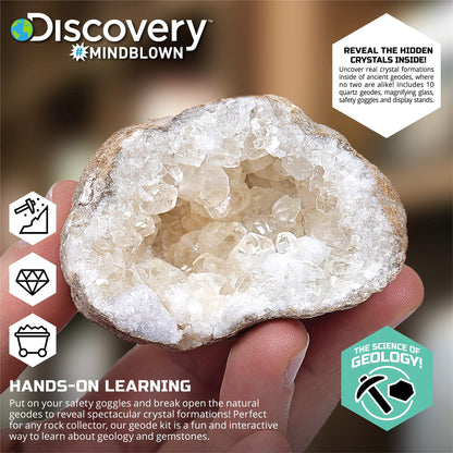 Discovery™ Mystery Crystal Geode Kit – Crack Open 10 Real Quartz Geodes| Includes Goggles, Magnifying Glass & Display Stands| Educational STEM Geology Toy for Kids| Science Activity Set Gift| Ages 6+