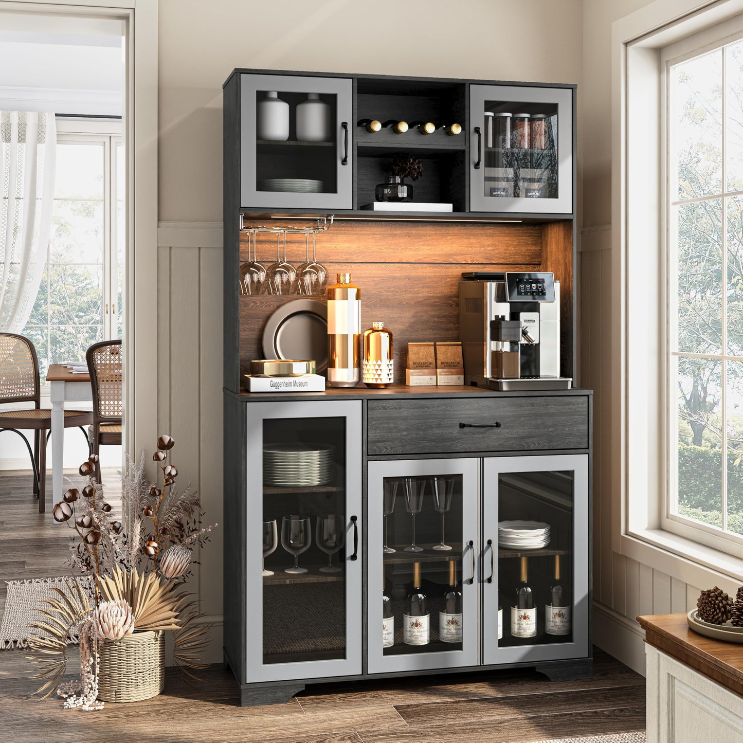 Fatmok 71" Tall Pantry Cabinet with Glass Doors, Kitchen Hutch Storage Cabinet, Coffee Bar & Liquor Cabinet with Charging Station & LED Lights, Wine Rack, Adjustable Shelves＆Large Drawer, Grey