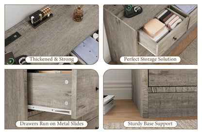 Hetoy 12 Drawer Wooden Dressers with Charging Station – Gray Wood Chest of Drawers for Bedroom, Closet, Living Room, 61" Wide TV Stand Dresser, Modern Storage Organizer for Nursery, Hallway