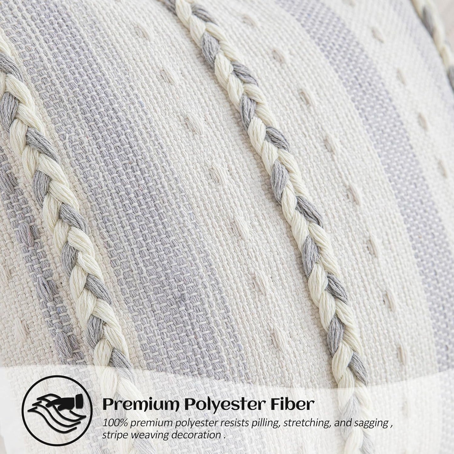 Set 2-18x18 Inch Grey Boho Striped Pillow Covers of Farmhouse Coastal Decorative Throw Pillows, Neutral Accent Textured