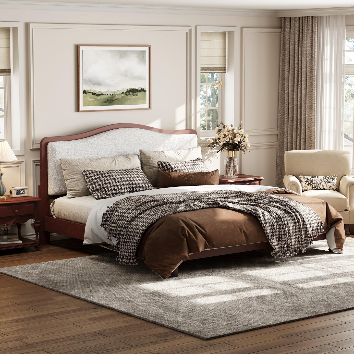 Merax King Size Upholstered Platform Bed Frame with Curved Headboard, Espresso Wood Frame & White Fabric, Noise-Free, Strong Slat Support, No Box Spring Needed, Easy Assembly