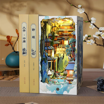 Ahilmrn Book Nook Kit for Adults, DIY Dollhouse Booknooks Penglai Wonderland Landscape Decor Chinese Landscapes Bookshelf Insert with Dust Cover LED 3D Wooden Puzzle Assembly Model Creative Gift