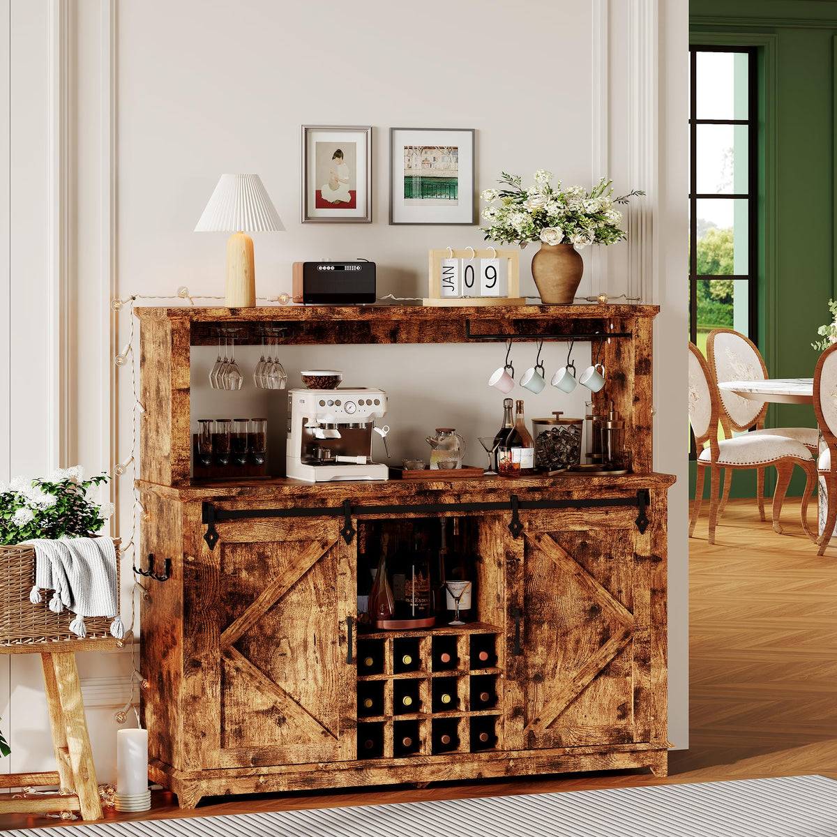 Hetoy Farmhouse Coffee Bar Cabinet 55" Tall with Sliding Barn Door, LED Light, Power Outlet – Storage Drawers, 12-Bottle Wine Rack, Ideal Coffee Hutch for Dining Room or Home Bar