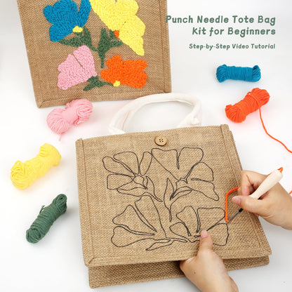 ERNTRNL Punch Needle Tote Bag Kits for Adults Beginner - DIY Punch Needle Embroidery Tote Bag Set, Punch Stitching Kit with Instructions & Video Tutorial Tools (4 Colors)