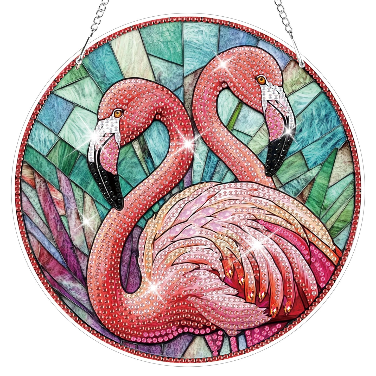 HEIBAGO Flamingo Hanging Diamond Art Kits for Adults, Special Shaped Crystal Diamond Painting Ornament Kit, DIY Double-Sided Pattern Window Pendant Gem Art Kit for Home Wall Decor 8.3x8.3inch