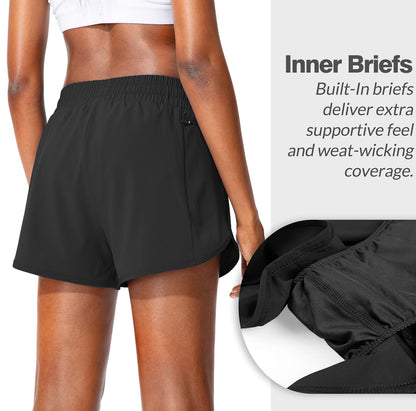 Soothfeel Womens Running Shorts with Zipper Pockets High Waisted Athletic Gym Workout Shorts for Women with Liner Black