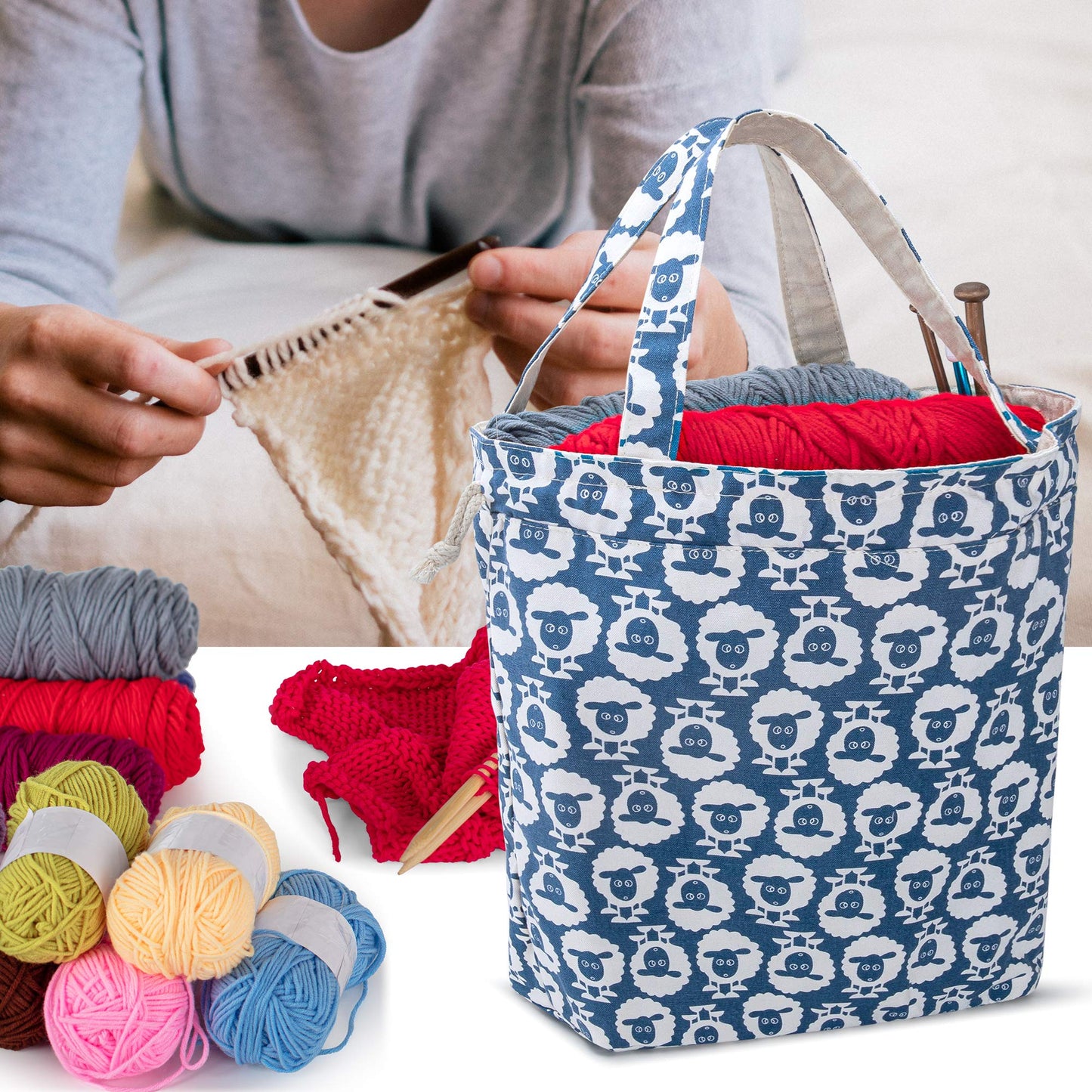 Teamoy Knitting Tote Bag with Drawstring Closure, Portable Yarn Storage Bag for Knitting Needles, Yarn Skein and Crochet Supplies, Sheep (Bag Only)