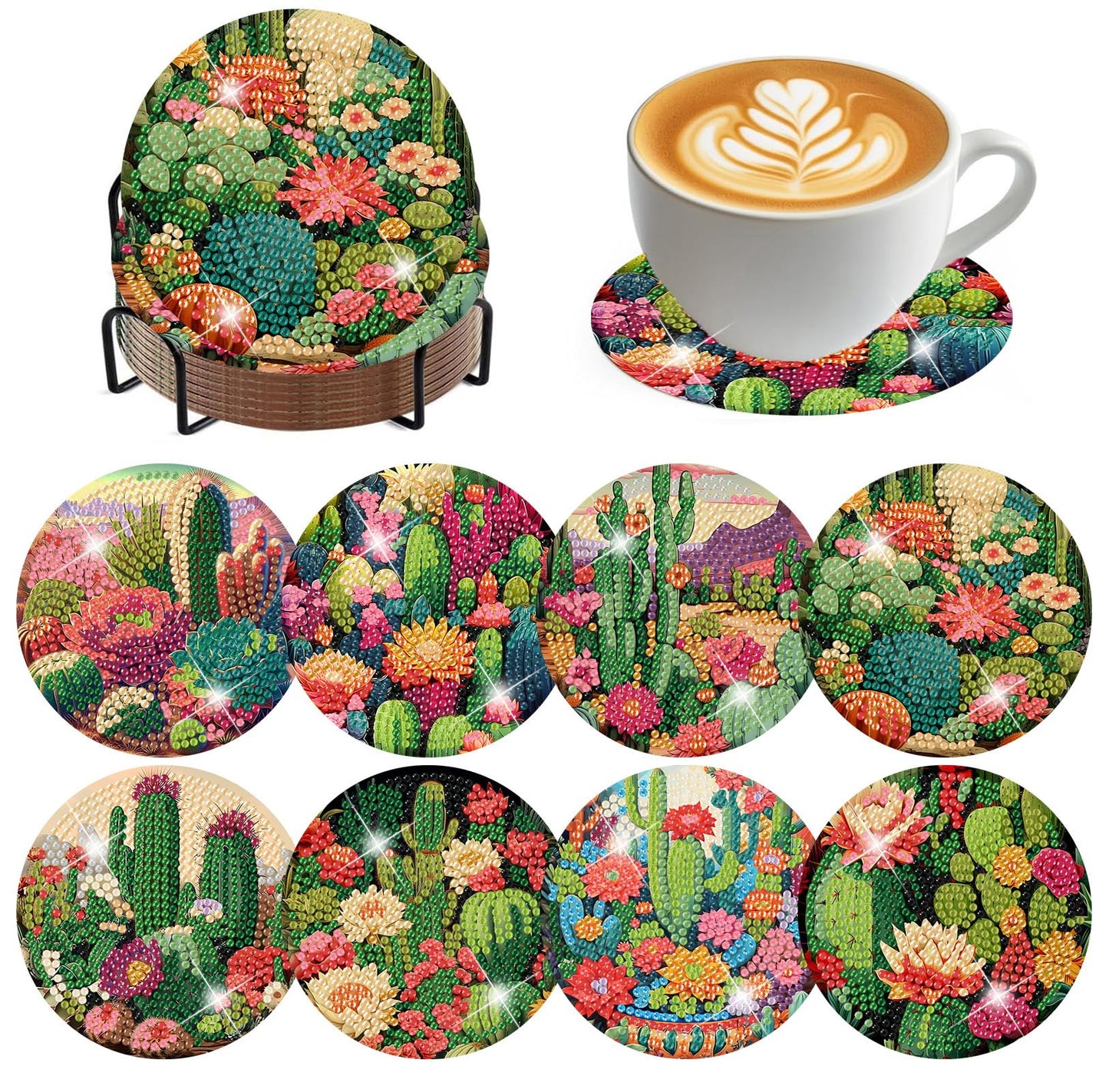 ijbnhd 8 Pcs Cactus Diamond Art Coasters Kit, Cactus Diamond Painting Coasters with Holder, Arts and Crafts Supplies Astral 4X4inch (Cork Wooden Pad)